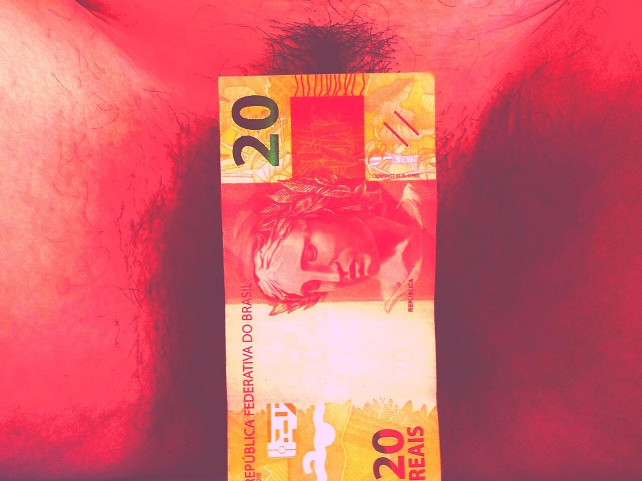 Flávia Naves – O capital é capilar - Nota de vinte reais de fronte a uma vagina. Foto com tom avermelhado